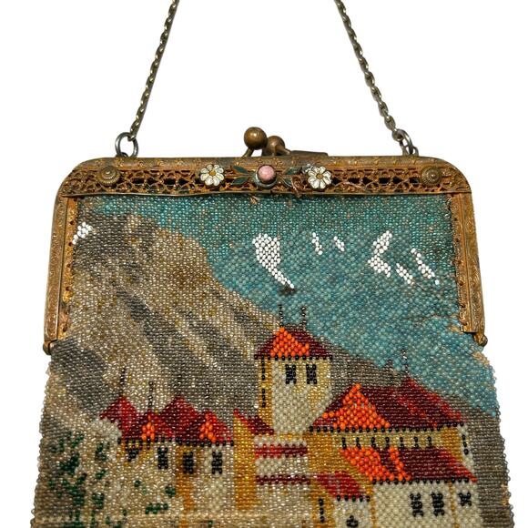 1920s Antique Beaded Scenic Purse Castle Design Enamel Frame VTG - Picture 7 of 10